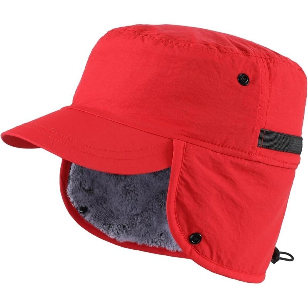 Men Red Winter Trapper Faux Fur Earflaps Visor Baseball Cap Hat